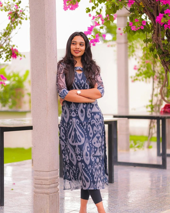 Navy Blue Printed Kurta Set for Women Elegant Ethnic Wear