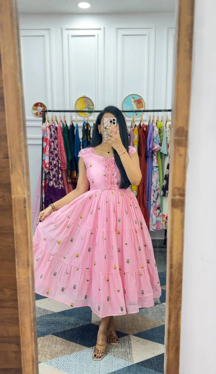Elegant Pink Floral Midi Dress for Women Premium Casual Wear