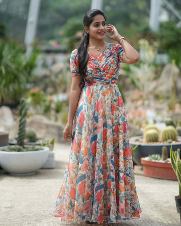 Multicolor Floral Printed Maxi Gown with Pleated Bodice