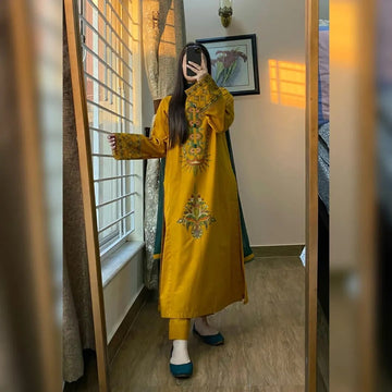 Mustard Yellow Embroidered Kurta Set