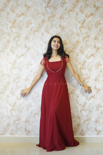 Wine Red Embellished Maxi Dress with Sheer Cap Sleeves