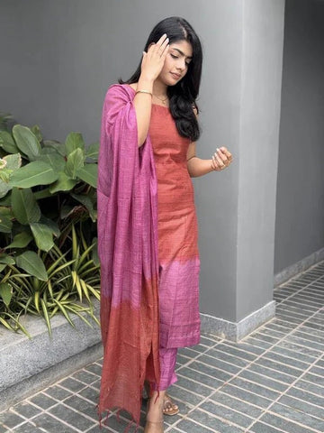 Rust & Mauve Handloom Cotton Kurta Pant Set with Ombre Dupatta
