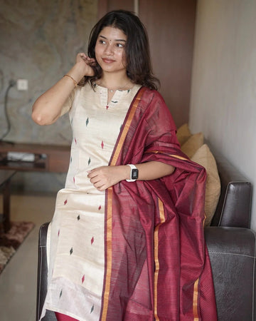 Cream Cotton Kurta Set with Maroon Dupatta