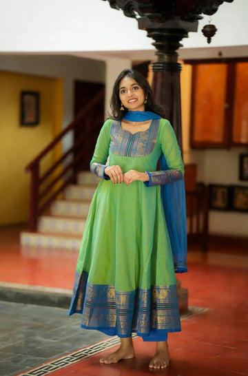 Parrot Green Anarkali Kurta Set with Blue Border & Dupatta