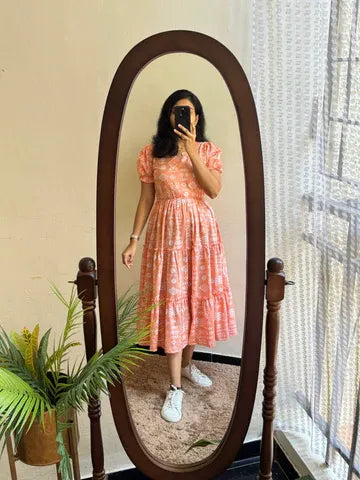 Peach Floral Printed Midi Dress