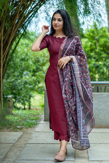 Maroon Straight Kurta Set with Printed Dupatta