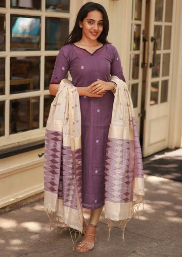 Mauve Purple Handloom Cotton Kurta Set with Woven Dupatta