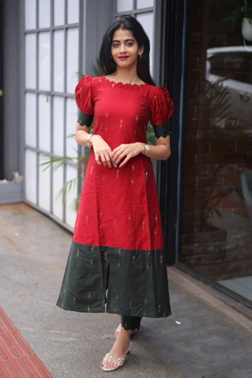 Red Cotton A Line Kurta with Puff Sleeves & Dark Green Border