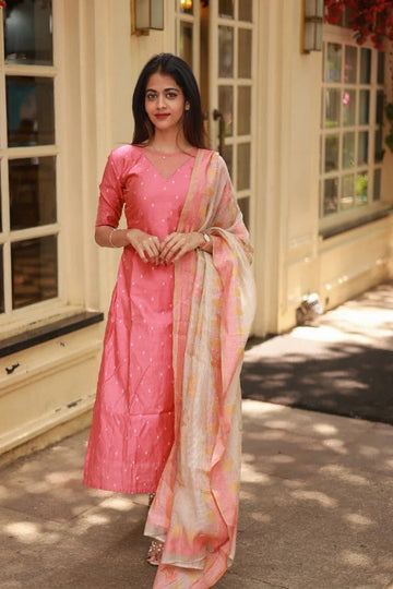 Peach Pink Handloom Cotton Kurta Set with Printed Dupatta