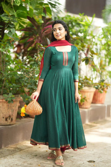 Emerald Green Anarkali Kurta with Maroon Dupatta