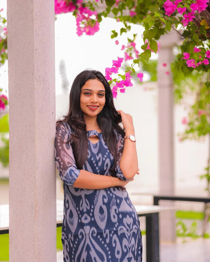 Navy Blue Printed Kurta Set for Women Elegant Ethnic Wear
