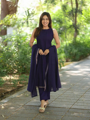 Navy Blue Sleeveless Kurta Set with Dupatta & Pants