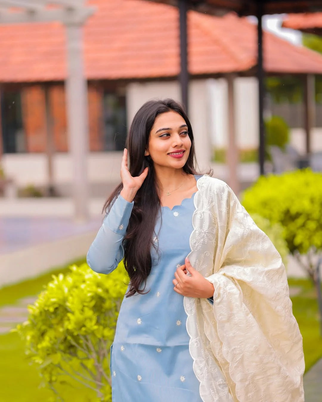 Sky Blue Kurta Set for Women with White Dupatta Elegant Ethnic Wear