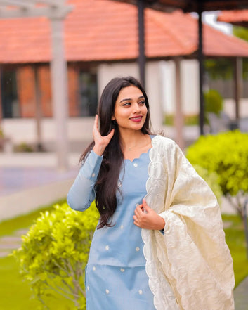 Sky Blue Kurta Set for Women with White Dupatta Elegant Ethnic Wear
