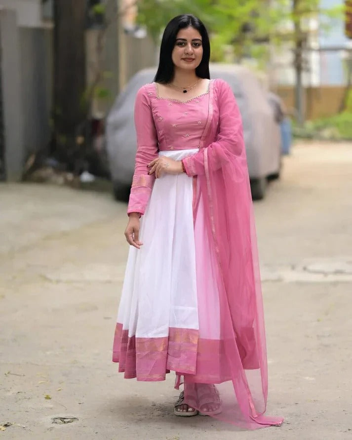 Pink & White Anarkali Kurta Set for Women Elegant Ethnic Wear