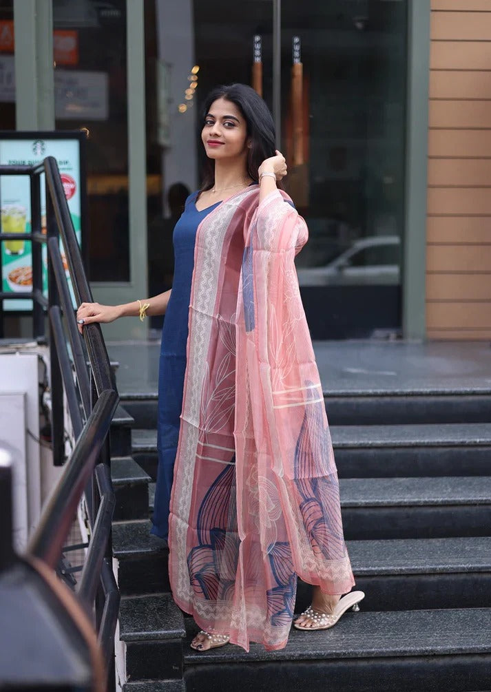 Elegant Blue Kurta Set with Pink Dupatta Premium Ethnic Wear