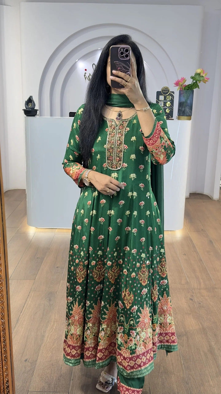 Elegant Green Floral Anarkali Suit for Women Premium Ethnic Wear