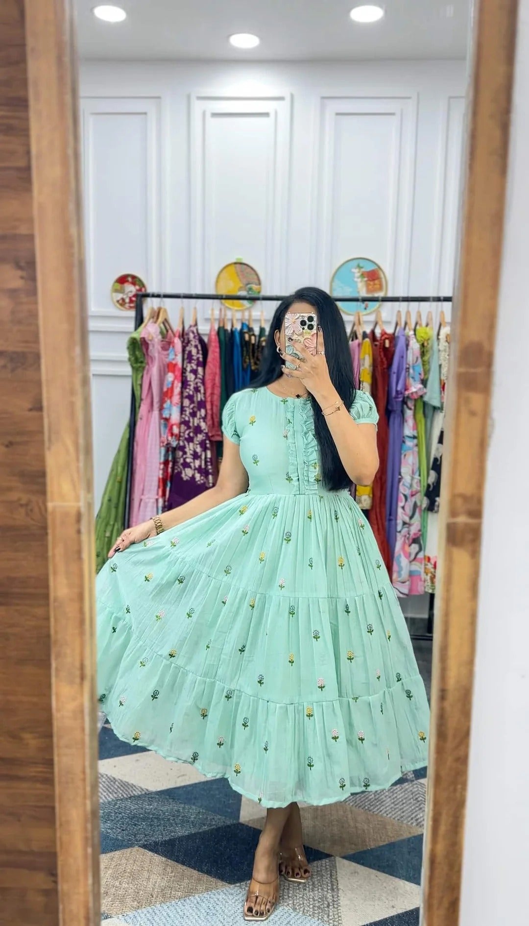 Elegant Mint Green Floral Midi Dress for Women Premium Casual Wear