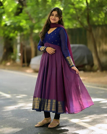 Wine Purple & Navy Blue Embroidered Anarkali Suit with Dupatta