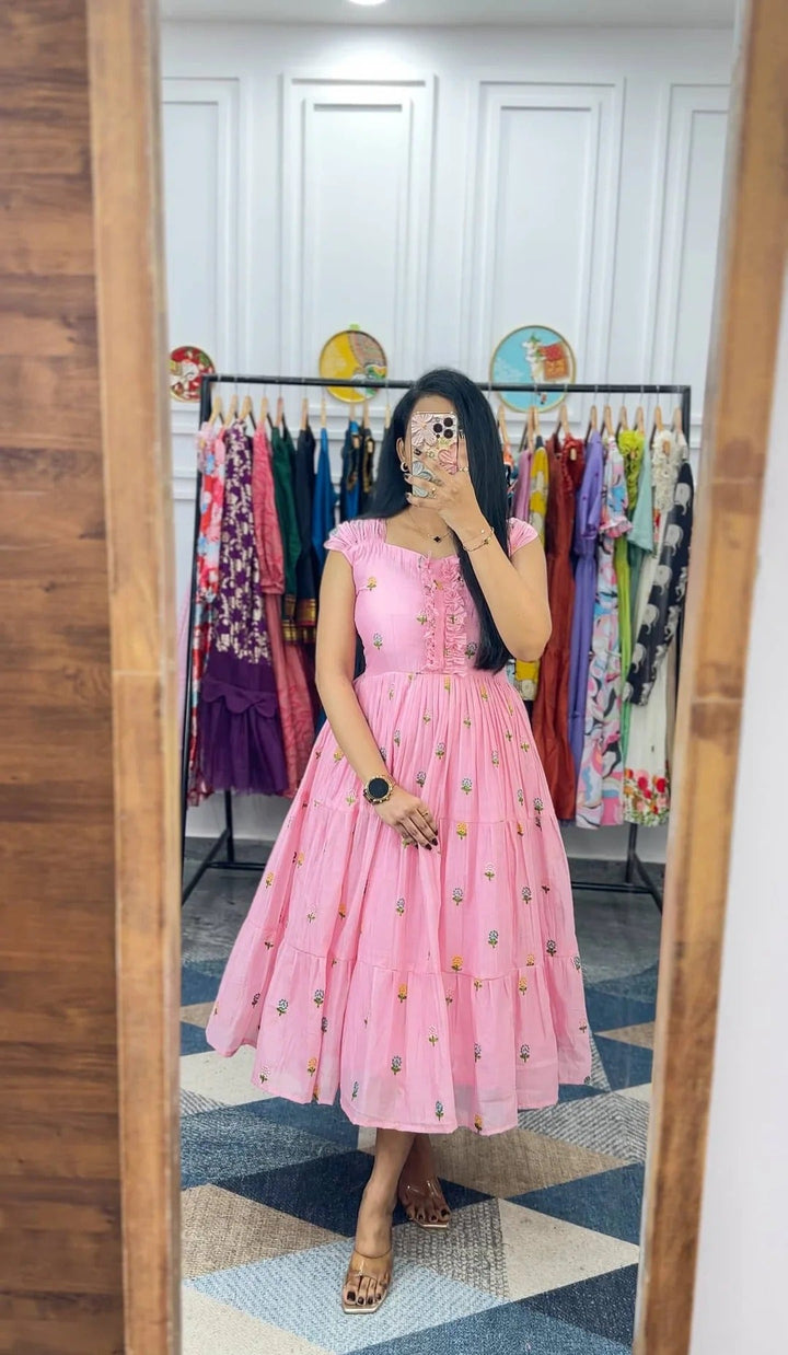 Elegant Pink Floral Midi Dress for Women Premium Casual Wear