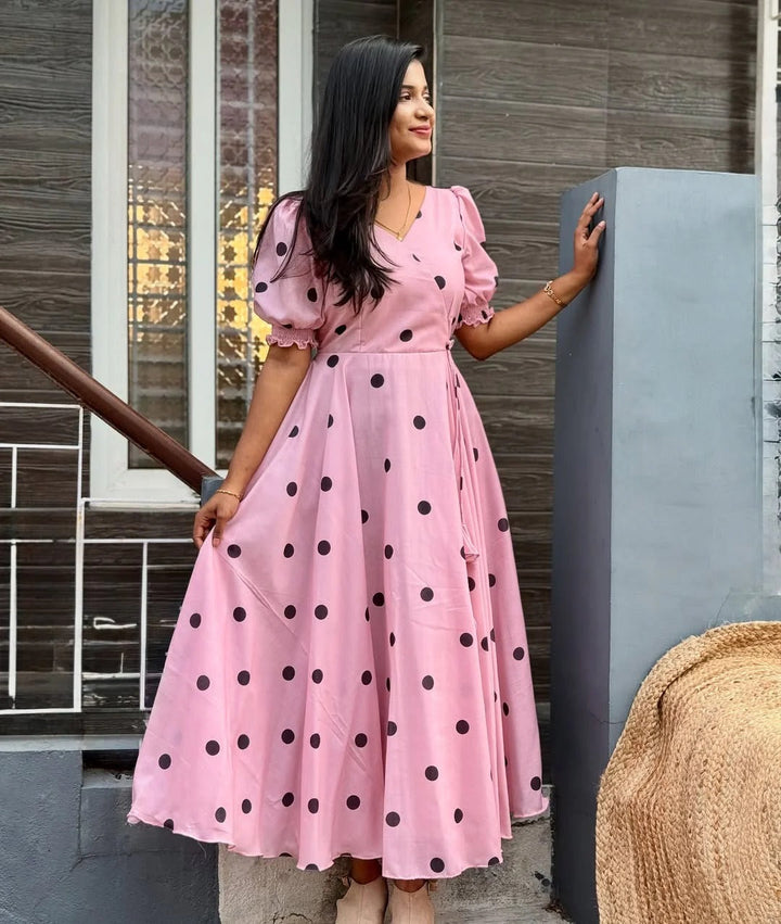 Elegant Pink Polka Dot Midi Dress for Women Premium Casual Wear
