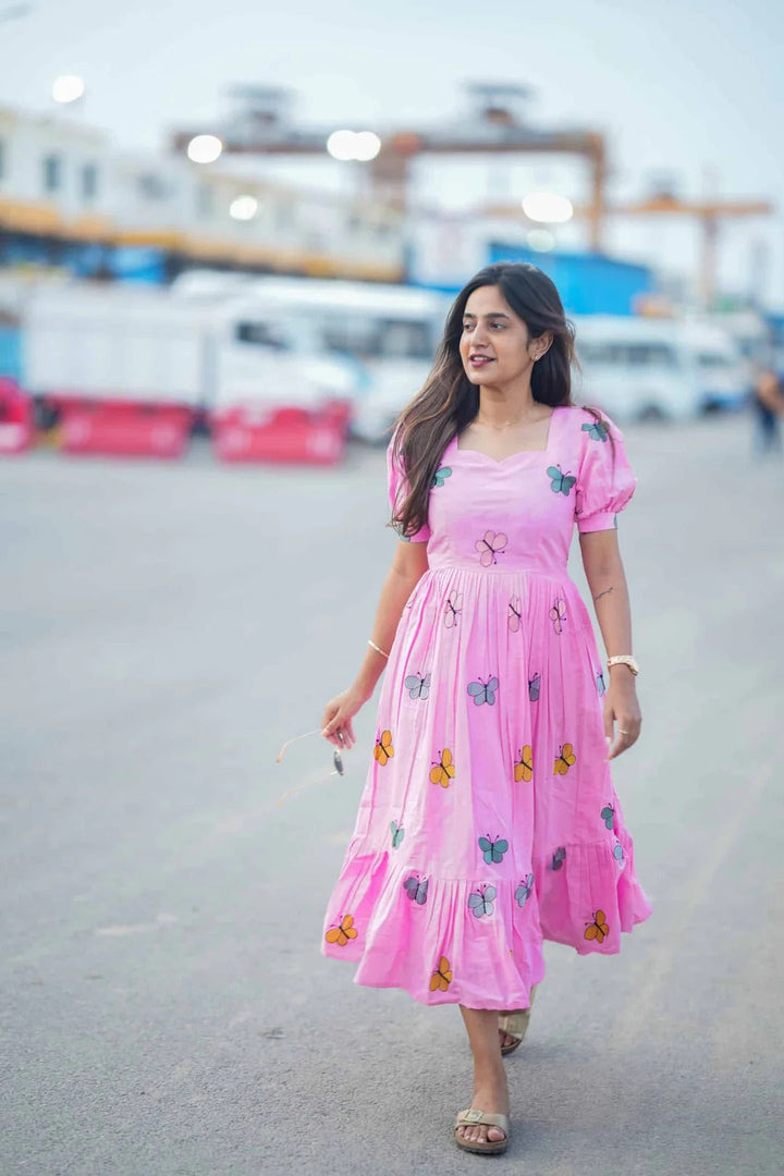 Elegant Pink Floral Midi Dress for Women Premium Casual Wear