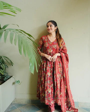 Rust Red Floral Printed Anarkali Kurta Set with Dupatta