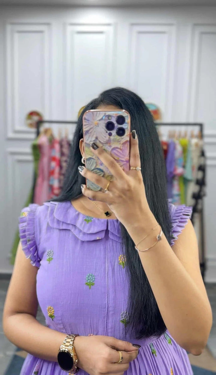Elegant Lavender Floral Midi Dress for Women Premium Casual Wear
