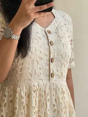 Elegant White Cotton Lace Midi Dress for Women Summer Korean Style Dress
