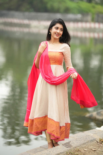 Beige & Coral Printed Anarkali Suit with Pink Dupatta