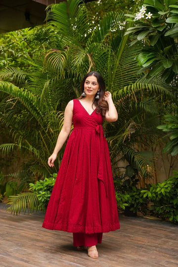Deep Red Sleeveless Anarkali Kurta Set   Elegant Festive & Party Wear Ethnic Outfit