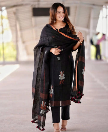 Black Handwoven Cotton Kurta Pant Set with Printed Dupatta