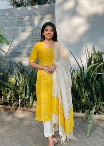 Mustard Yellow Kurta Pant Set with White Butti & Striped Dupatta