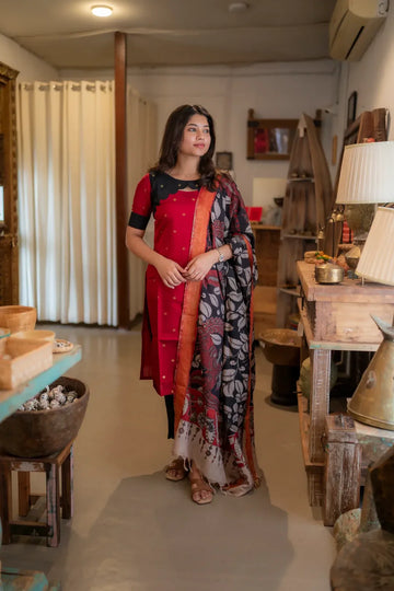Red Straight Kurta Pant Set with Printed Dupatta   Elegant Festive & Office Wear