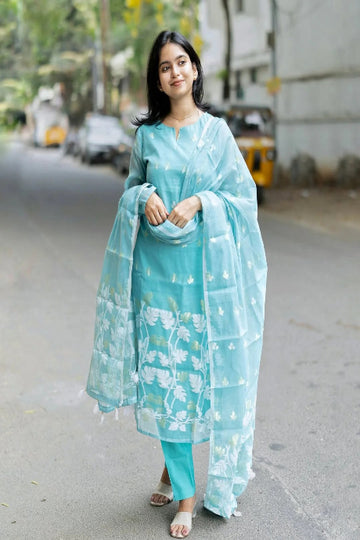 Aqua Blue Floral Embroidered Kurta Pant Set with Dupatta   Elegant Festive & Day Wear