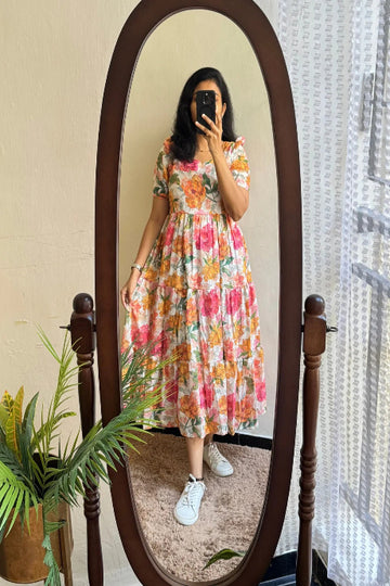 Floral Printed Cotton Midi Dress with Tiered Flare