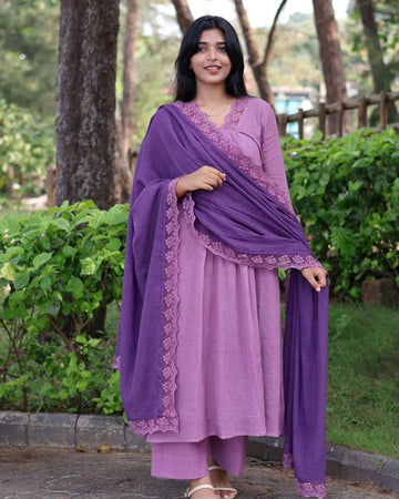 Purple Embroidered Kurta Pant Set with Lace Border Dupatta