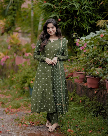 Olive Green Printed Kurta Pant Set with Dupatta