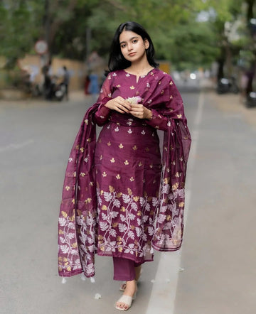 Wine Purple Embroidered Kurta Pant Set with Floral Dupatta