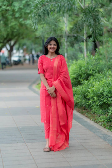 Coral Pink Kurta Pant Set with Soft Dupatta