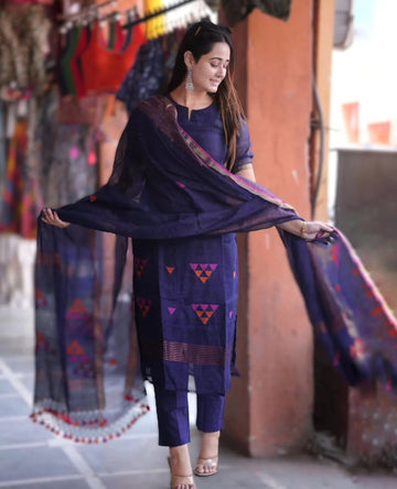 Navy Blue Handwoven Kurta Pant Set with Printed Dupatta