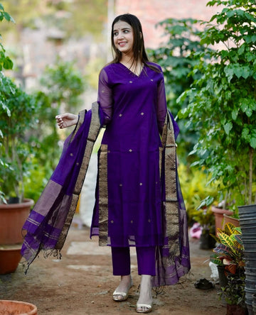 Royal Purple Kurta Pant Set with Woven Border Dupatta