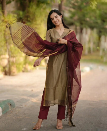 Olive Green Straight Kurta Pant Set with Maroon Dupatta