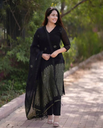 Black Printed Kurta Pant Set with Dupatta  Elegant Festive & Evening Wear Ethnic Outfit