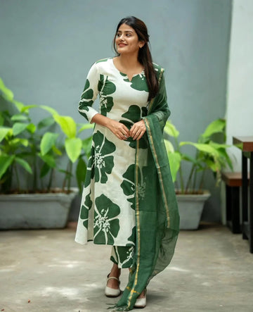White & Green Floral Printed Kurta Pant Set with Dupatta