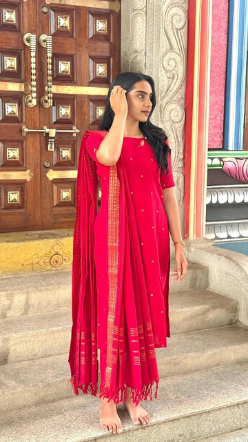 Red Embroidered Kurta Pant Set with Traditional Dupatta