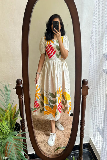 Ivory Cotton Midi Dress with Multicolor Leaf Print