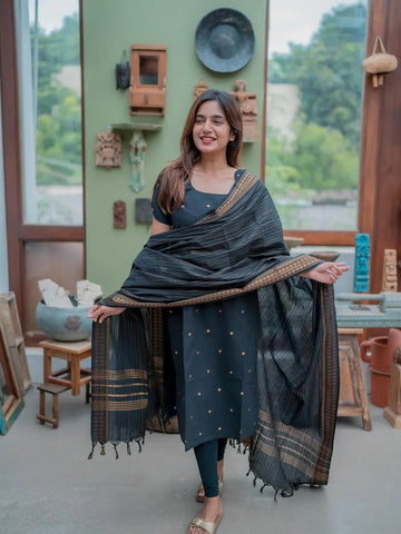 Charcoal Black Kurta Pant Set with Gold Butti & Woven Dupatta