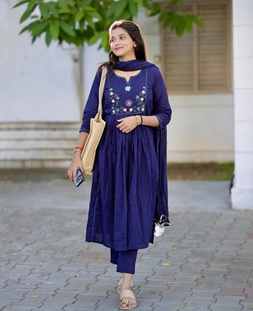 Navy Blue Embroidered Anarkali Kurta Set with Dupatta
