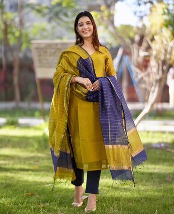Mustard Yellow Kurta Pant Set with Navy Blue Striped Dupatta